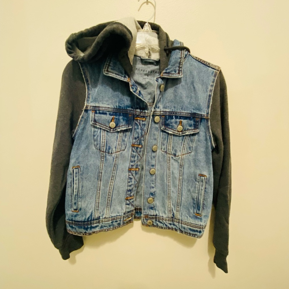Aeropostale Blue Denim Hoodie Jacket with Grey Sleeves